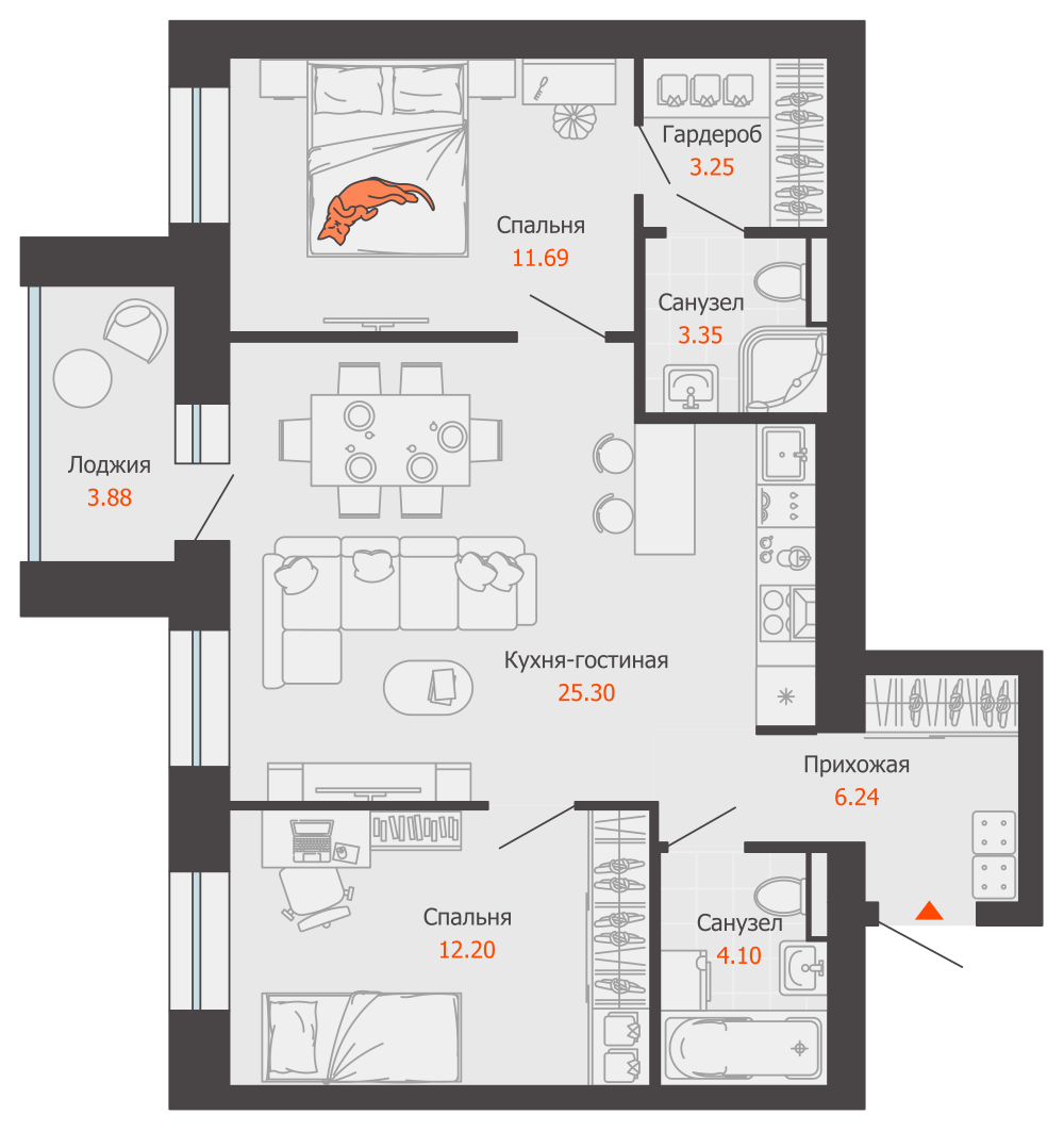 3-комнатная 68 м2 в ЖК ZNAK корпус null этаж 6