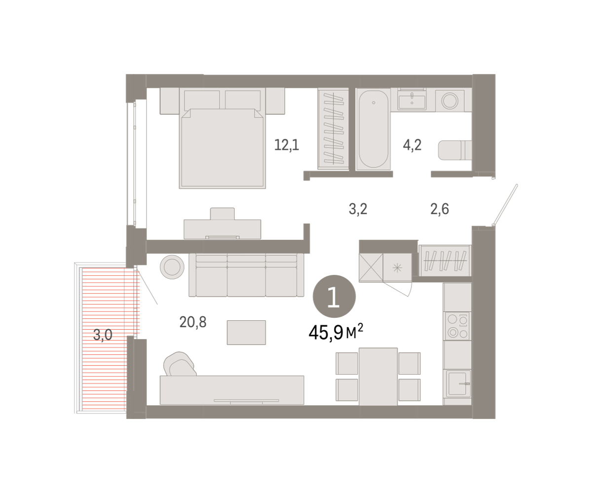 1-комнатная 45 м2 в ЖК Республики 205 корпус null этаж 7