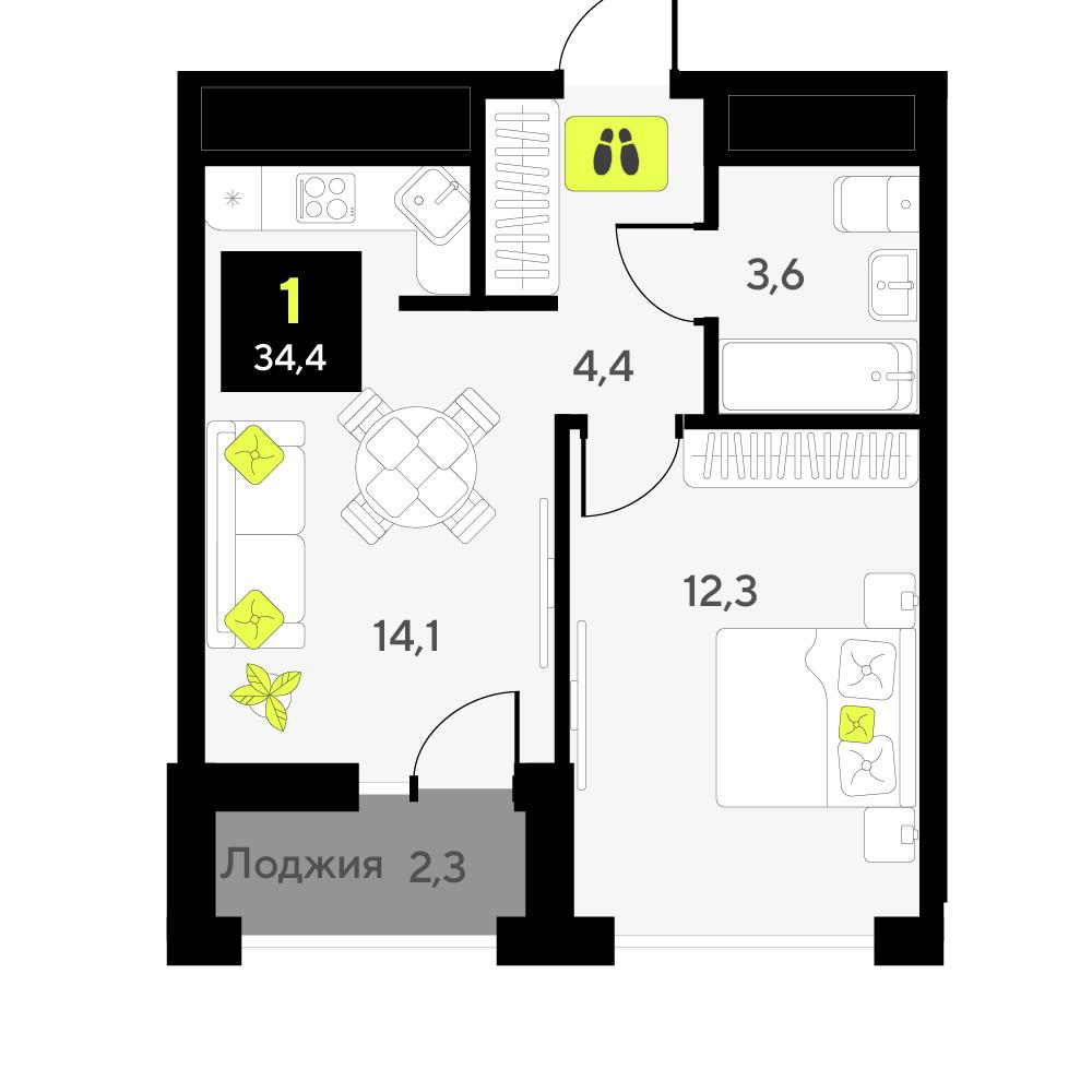 1-комнатная 34 м2 в ЖК Мотивы корпус null этаж 14
