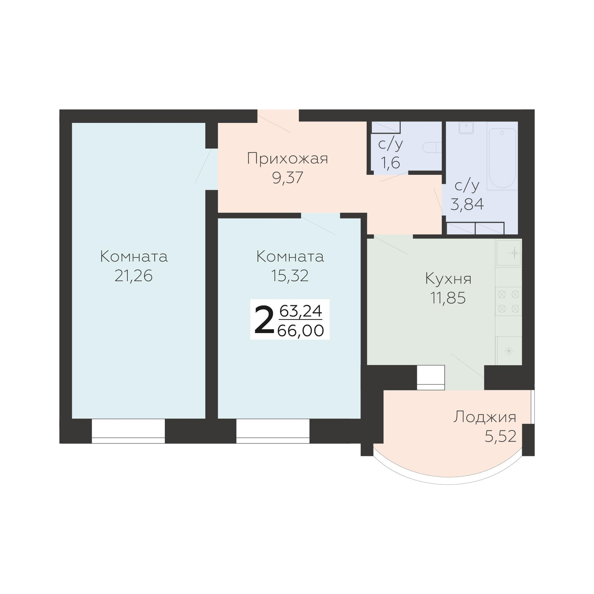 2-комнатная 66 м2 в ЖК Nova парк корпус null этаж 13