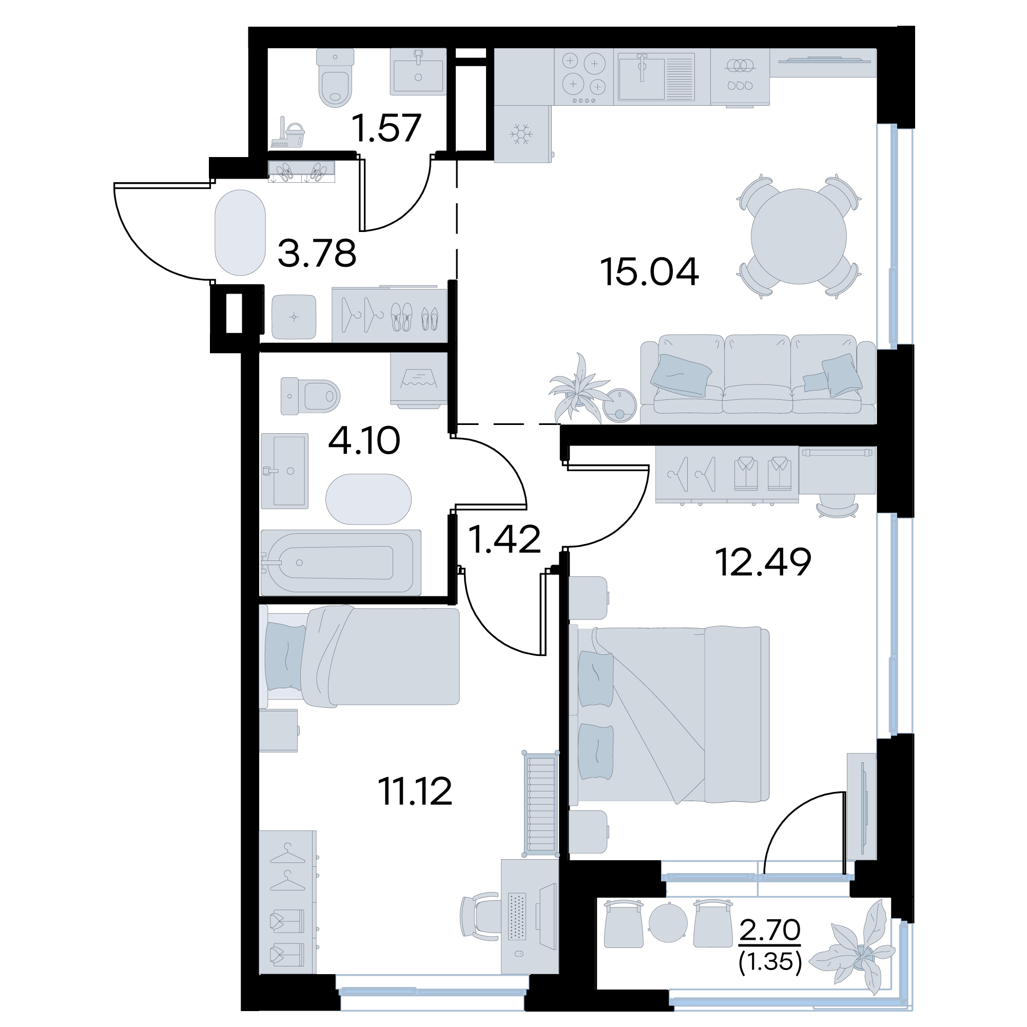 2-комнатная 50 м2 в ЖК GloraX Октябрьский корпус null этаж 3