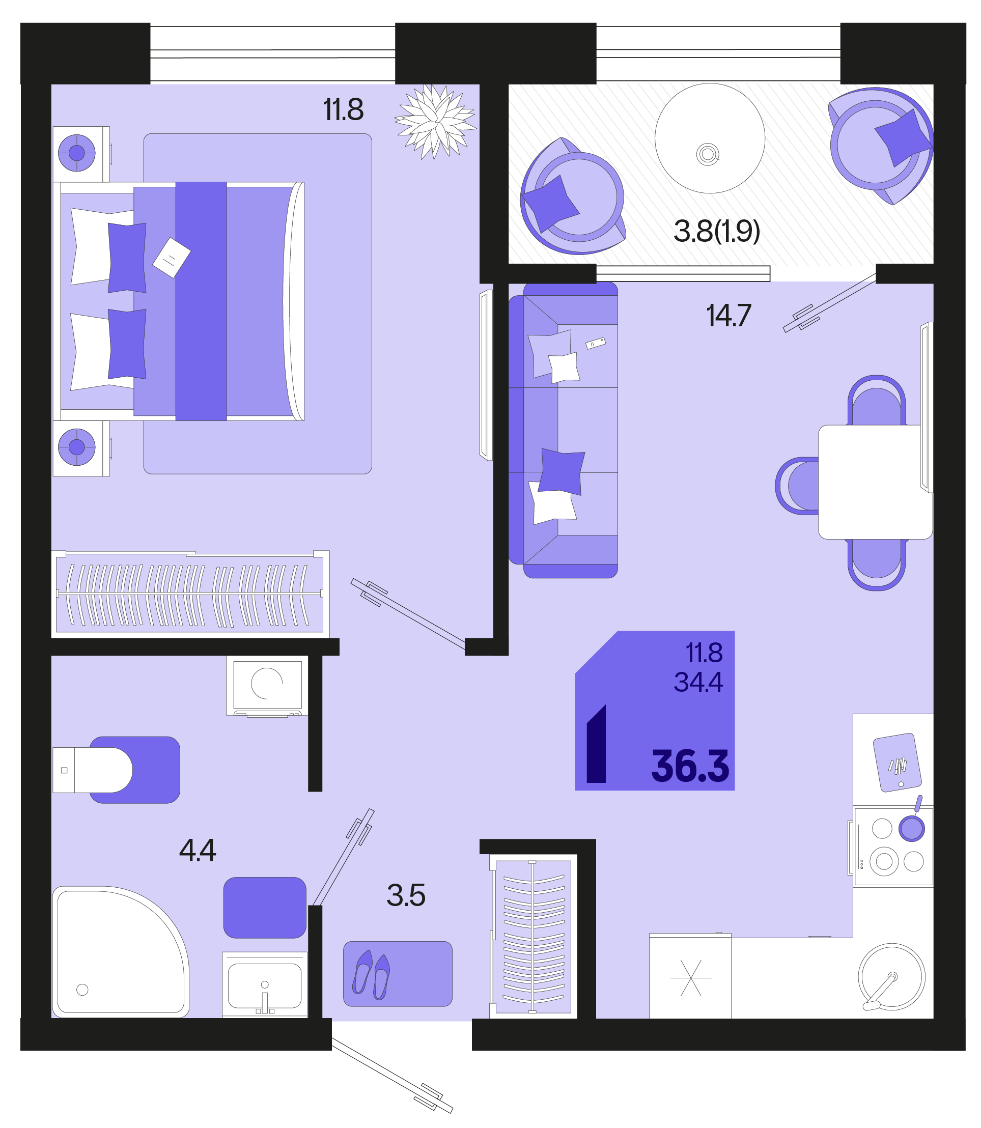 1-комнатная 36 м2 в ЖК Первое место корпус null этаж 2
