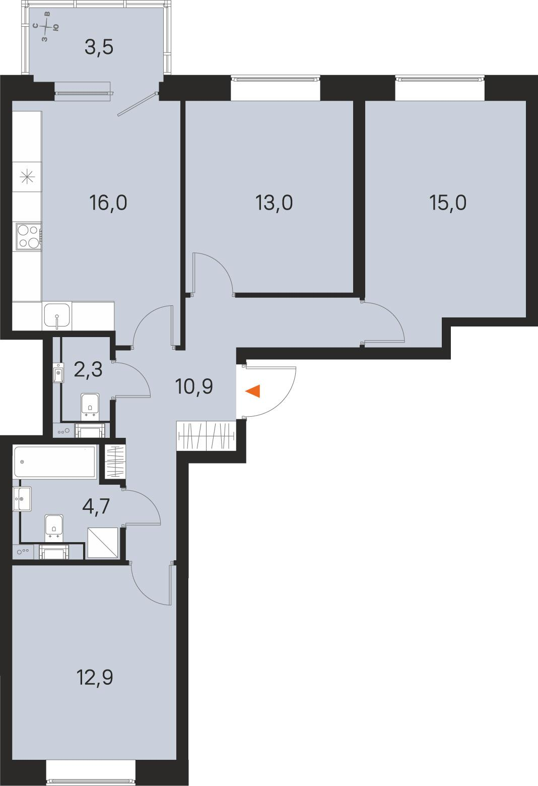 3-комнатная 76 м2 в ЖК М36 корпус null этаж 2