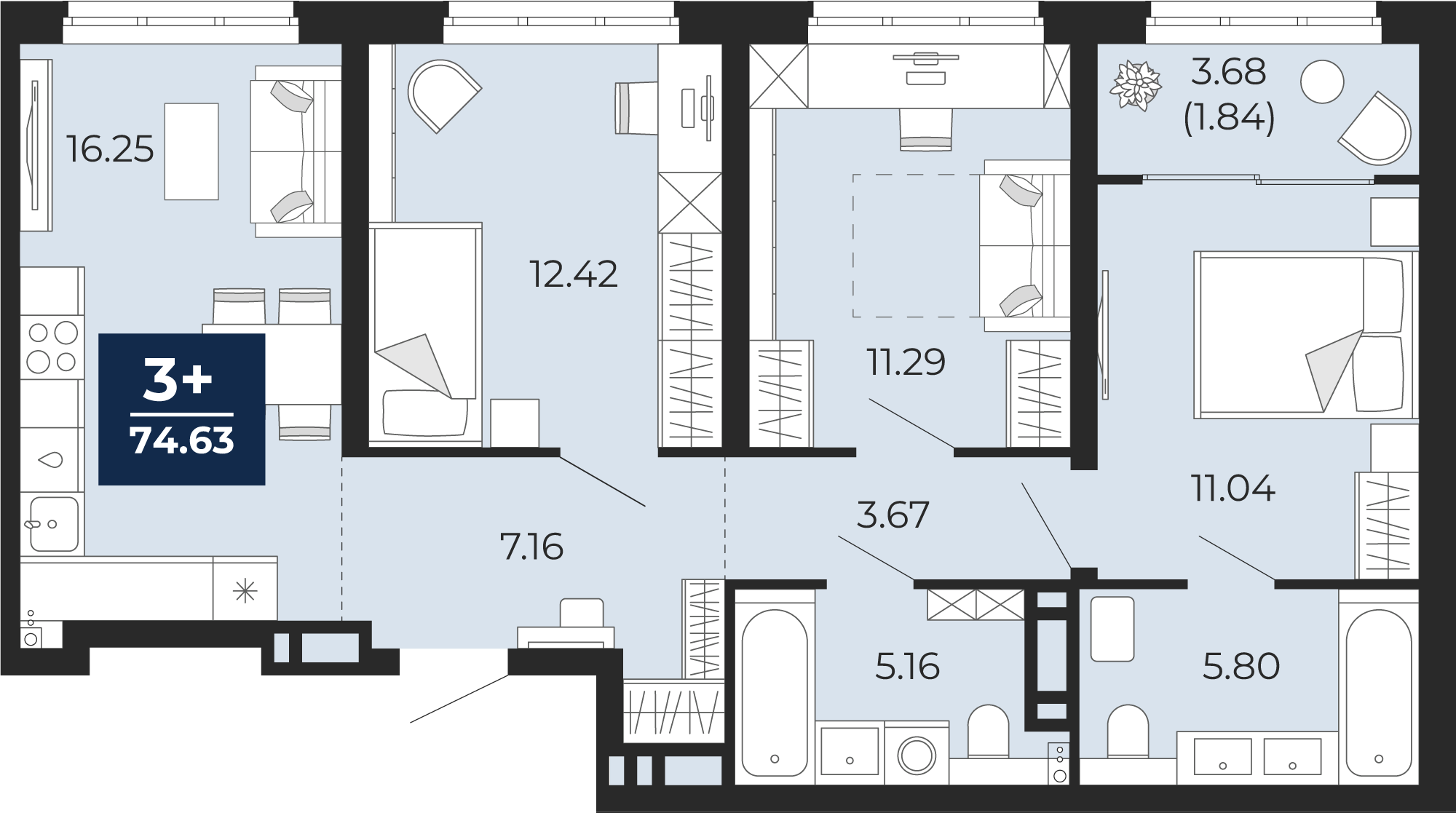 3-комнатная 72 м2 в ЖК Беринг корпус null этаж 4