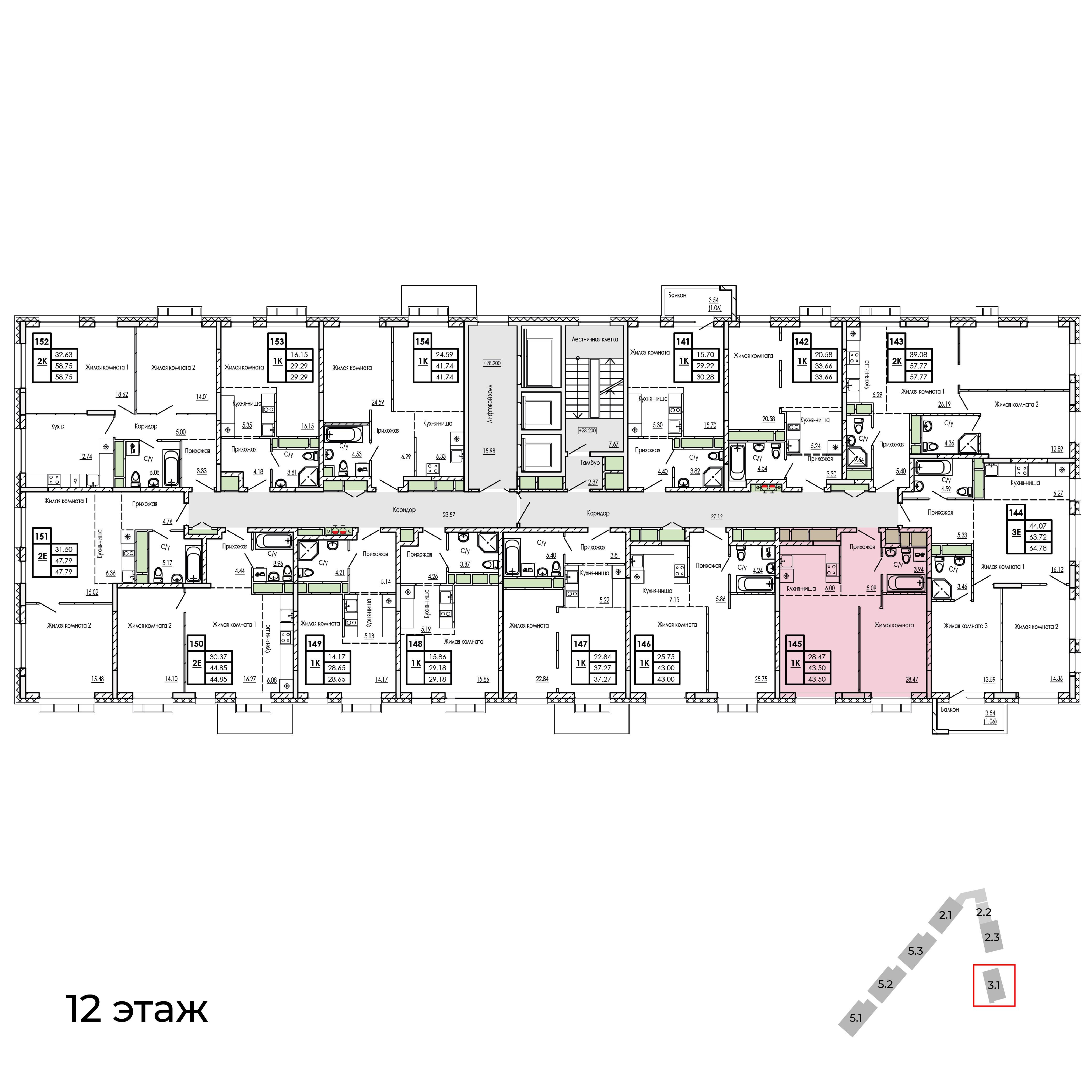 1-комнатная 43 м2 в ЖК Сенсация корпус null этаж 12