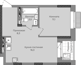 1-комнатная 41 м2 в ЖК Город-парк корпус null этаж 9