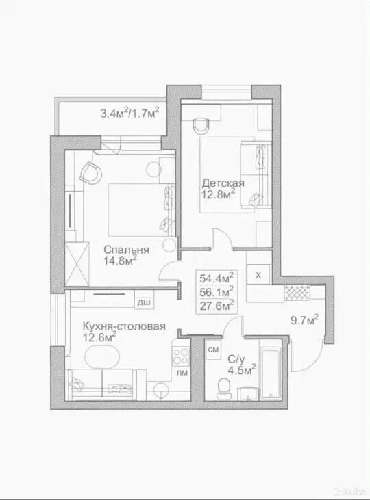 2-комнатная 58 м2 в ЖК undefined корпус null этаж 3