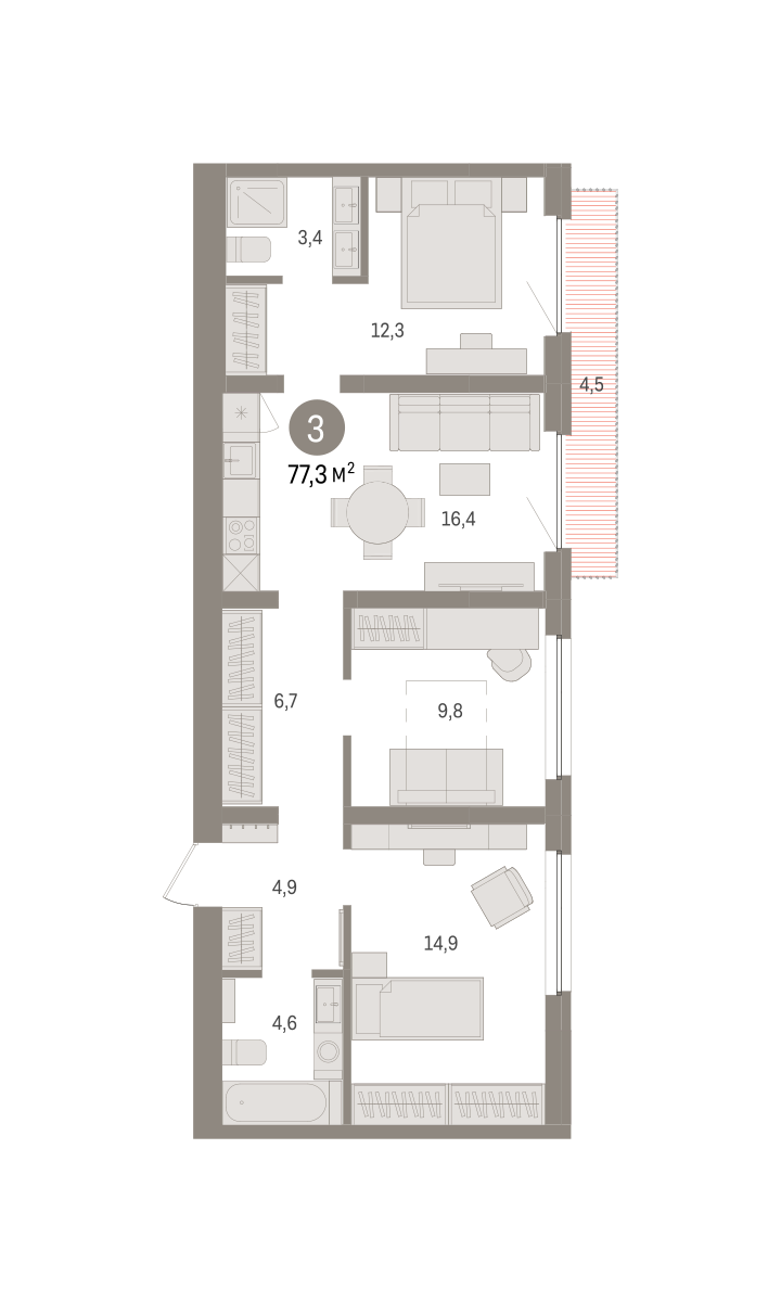 3-комнатная 77 м2 в ЖК Зарека корпус null этаж 7