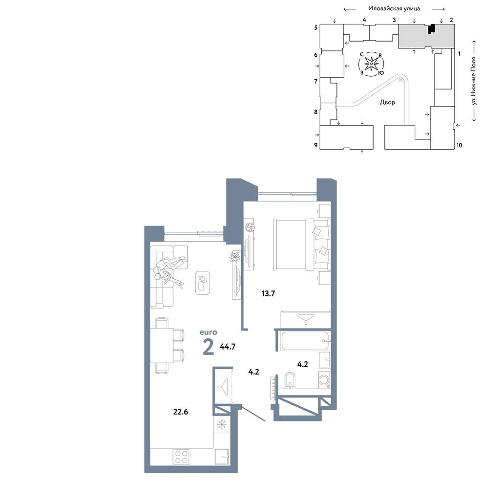 2-комнатная 44 м2 в ЖК Страна.Заречная корпус null этаж 23