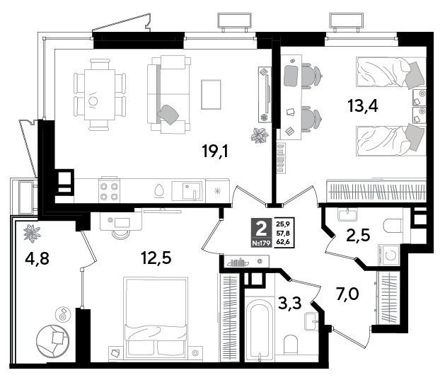 2-комнатная 61 м2 в ЖК Парк Победы 2 корпус null этаж 4