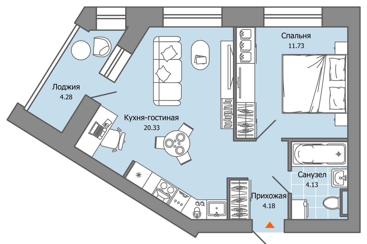 2-комнатная 43 м2 в ЖК ZNAK корпус null этаж 5