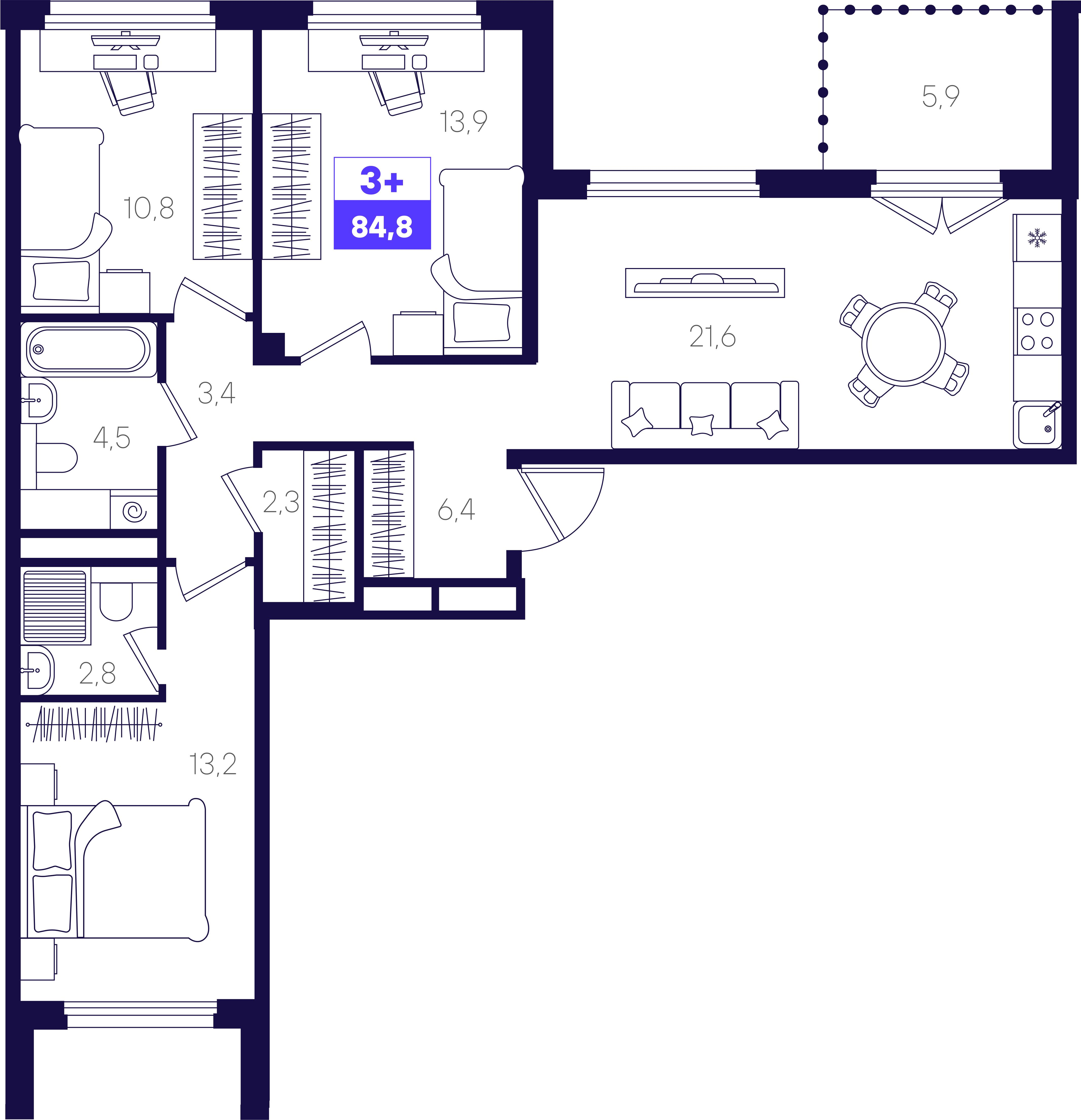 3-комнатная 84 м2 в ЖК Отличие корпус null этаж 6