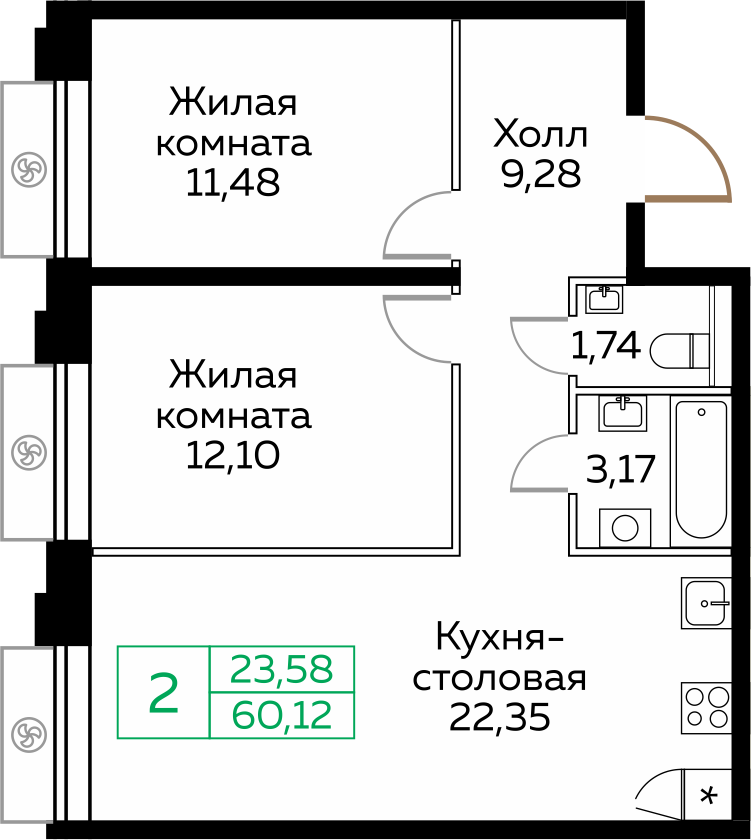 2-комнатная 60 м2 в ЖК Кит корпус null этаж 3