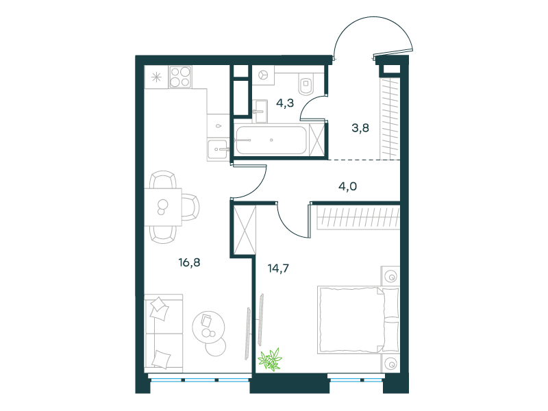 1-комнатная 43 м2 в ЖК Левел Селигерская корпус null этаж 3