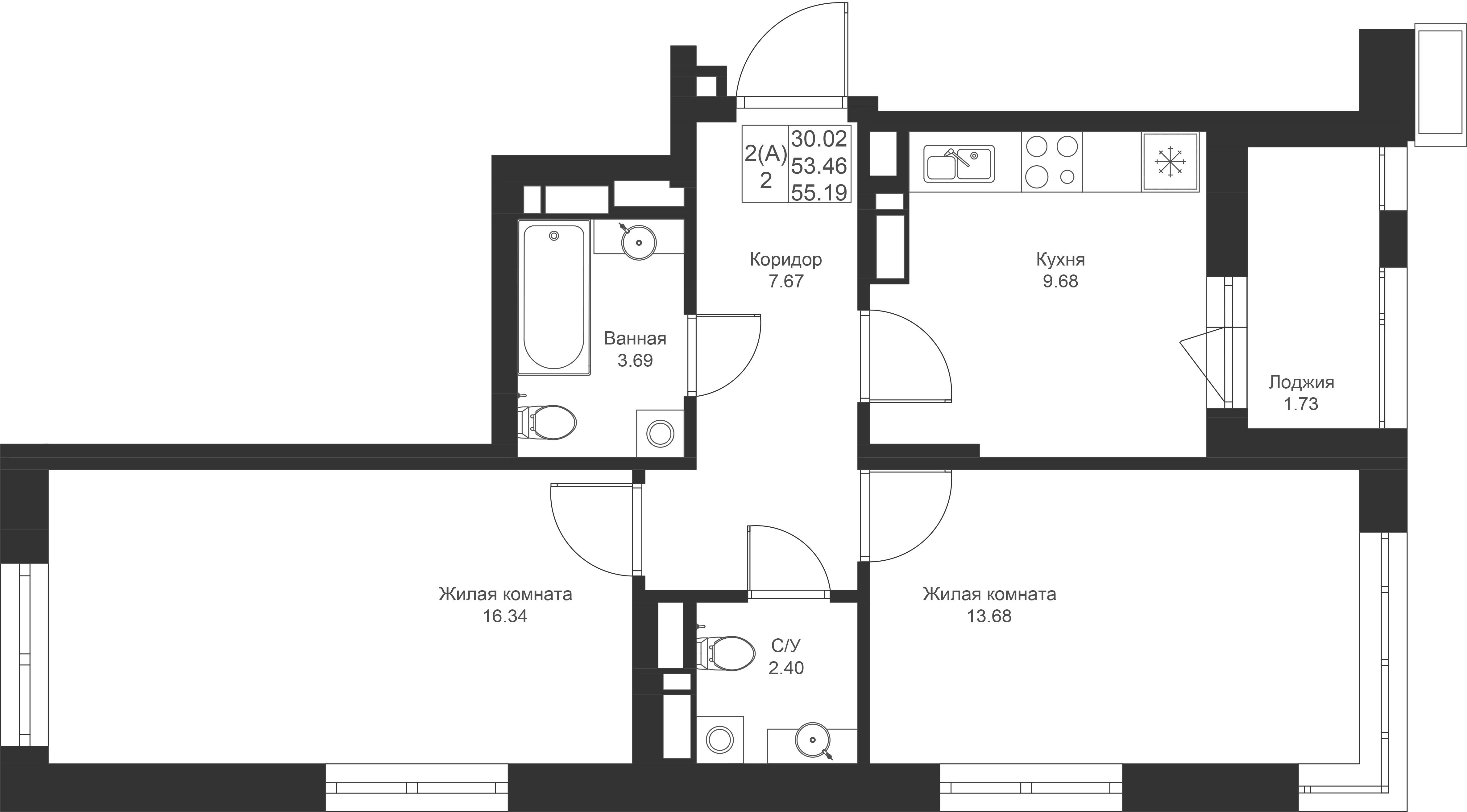 2-комнатная 55 м2 в ЖК Солнечный город корпус null этаж 3