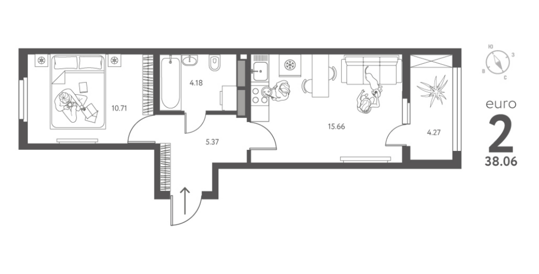 2-комнатная 38.1 м2 в ЖК undefined корпус null этаж 13