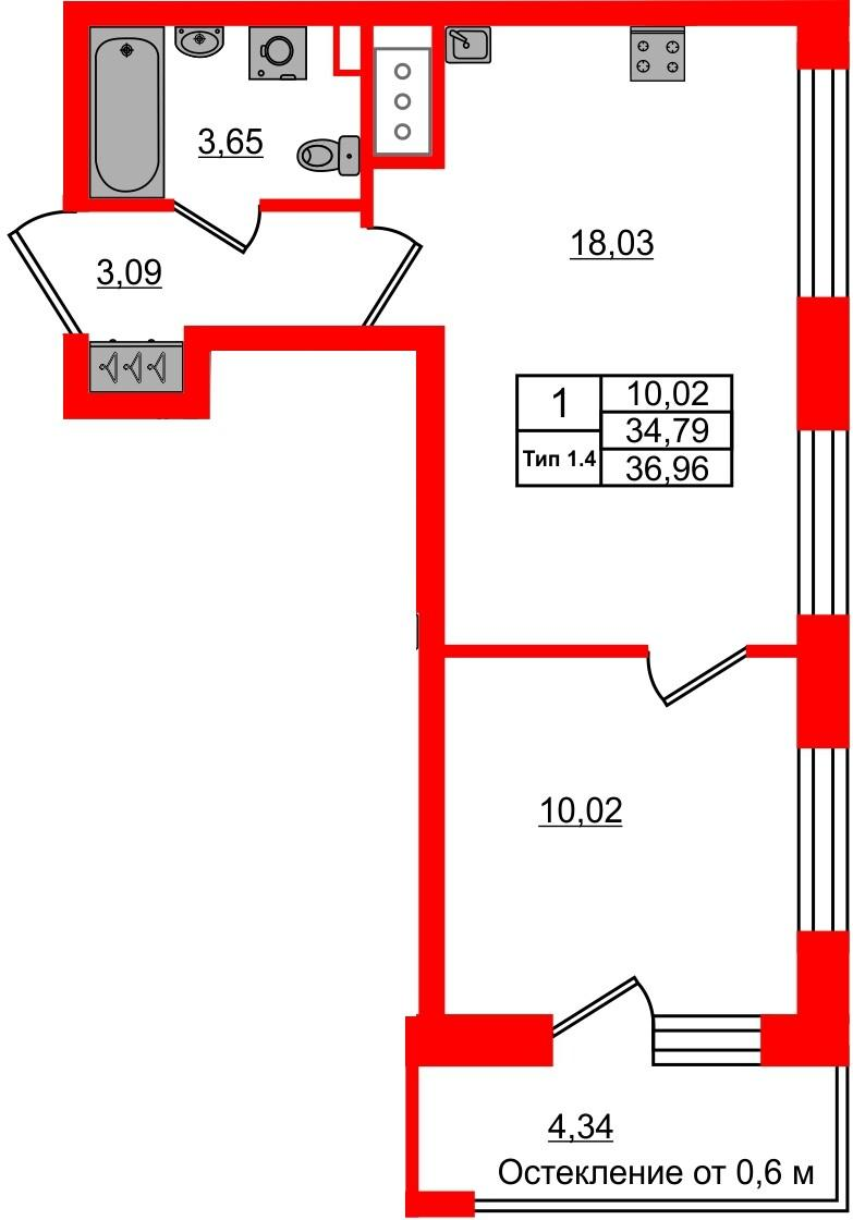 1-комнатная 34 м2 в ЖК Сэтл Ривьера корпус null этаж 9