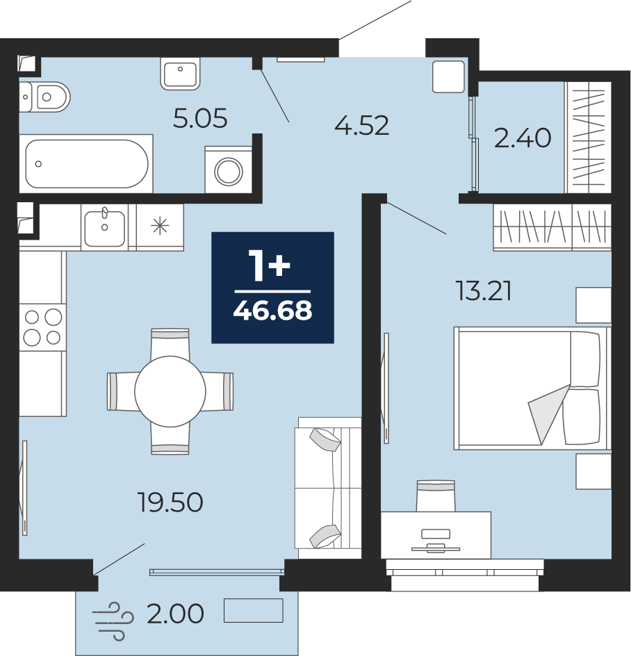 1-комнатная 44 м2 в ЖК Беринг корпус null этаж 2