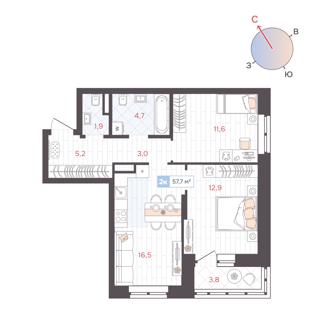 2-комнатная 57 м2 в ЖК ДА корпус null этаж 10