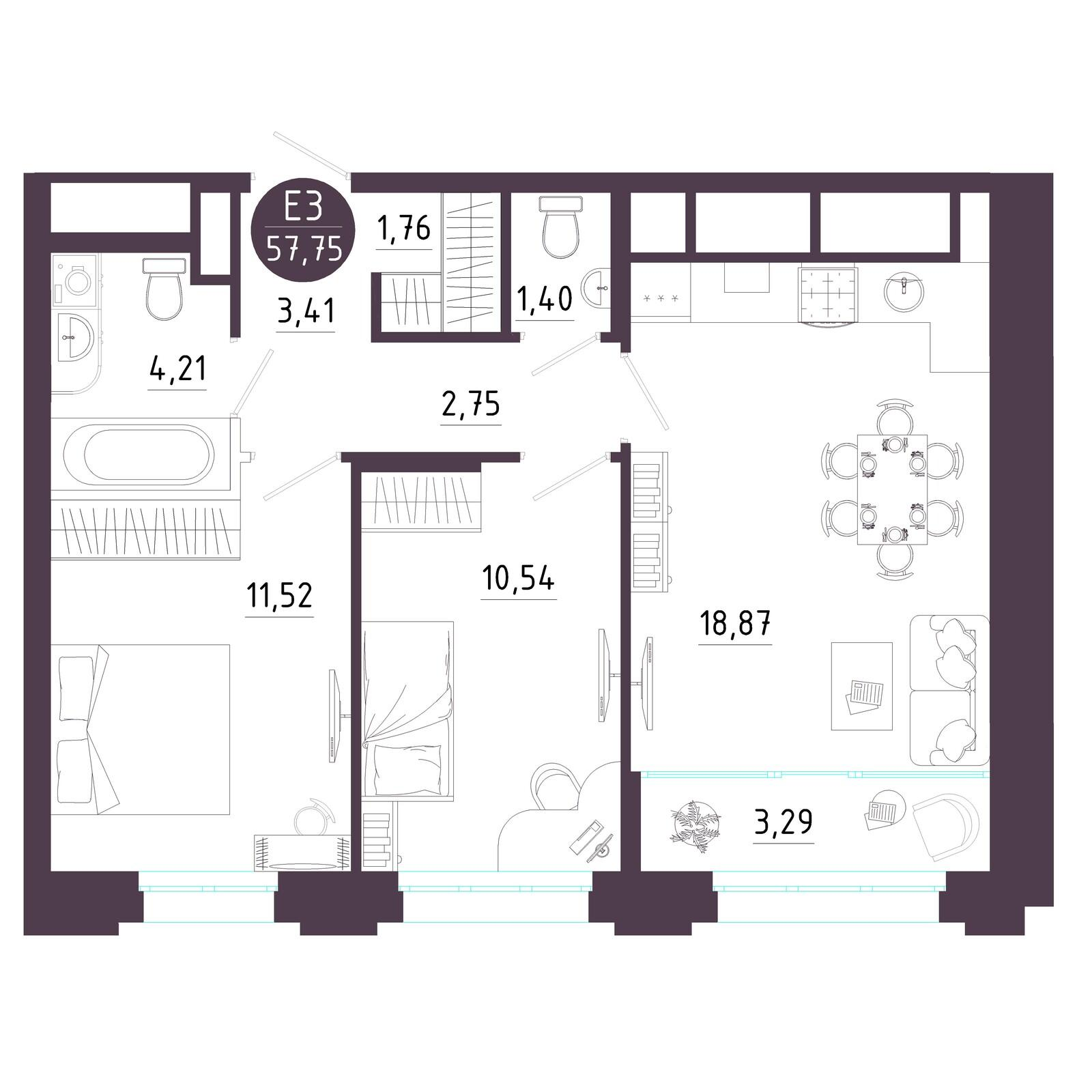 2-комнатная 57 м2 в ЖК Крылья корпус null этаж 6