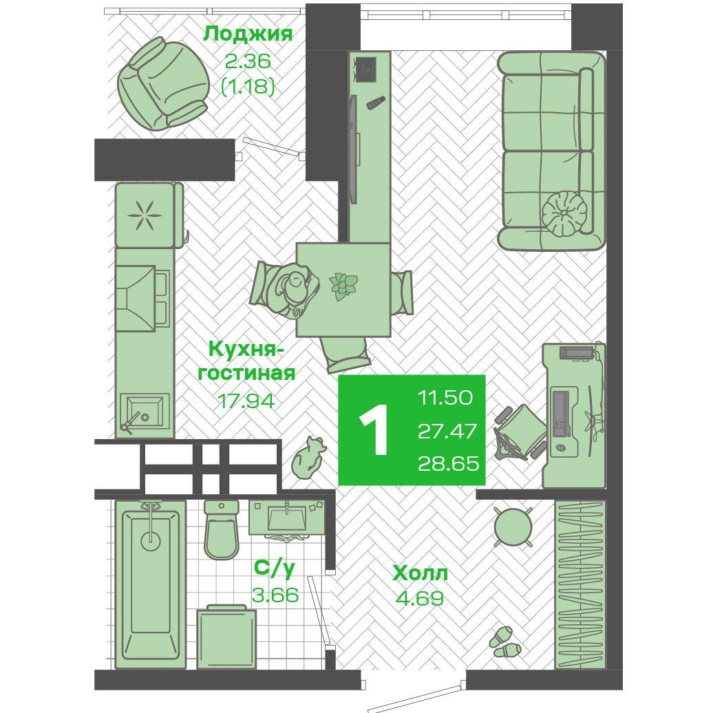 Студия 26 м2 в ЖК Зелёный Бульвар 2 корпус null этаж 10