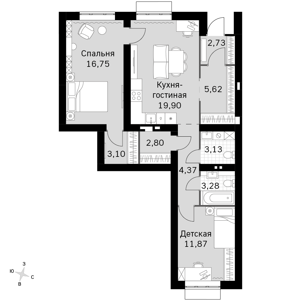 3-комнатная 73 м2 в ЖК Жаворонки Клаб корпус null этаж 1