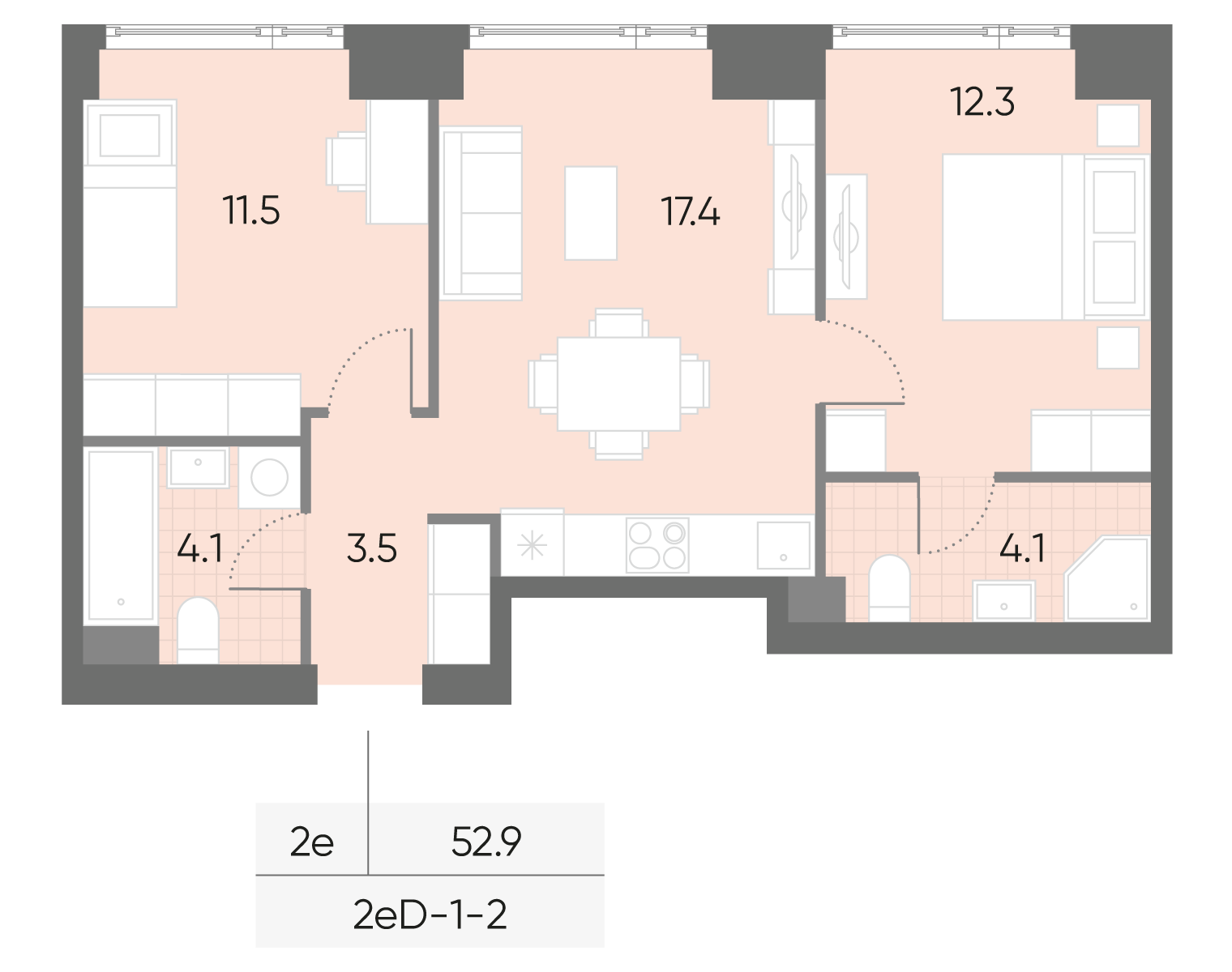 2-комнатная 52 м2 в ЖК Вейв корпус null этаж 2