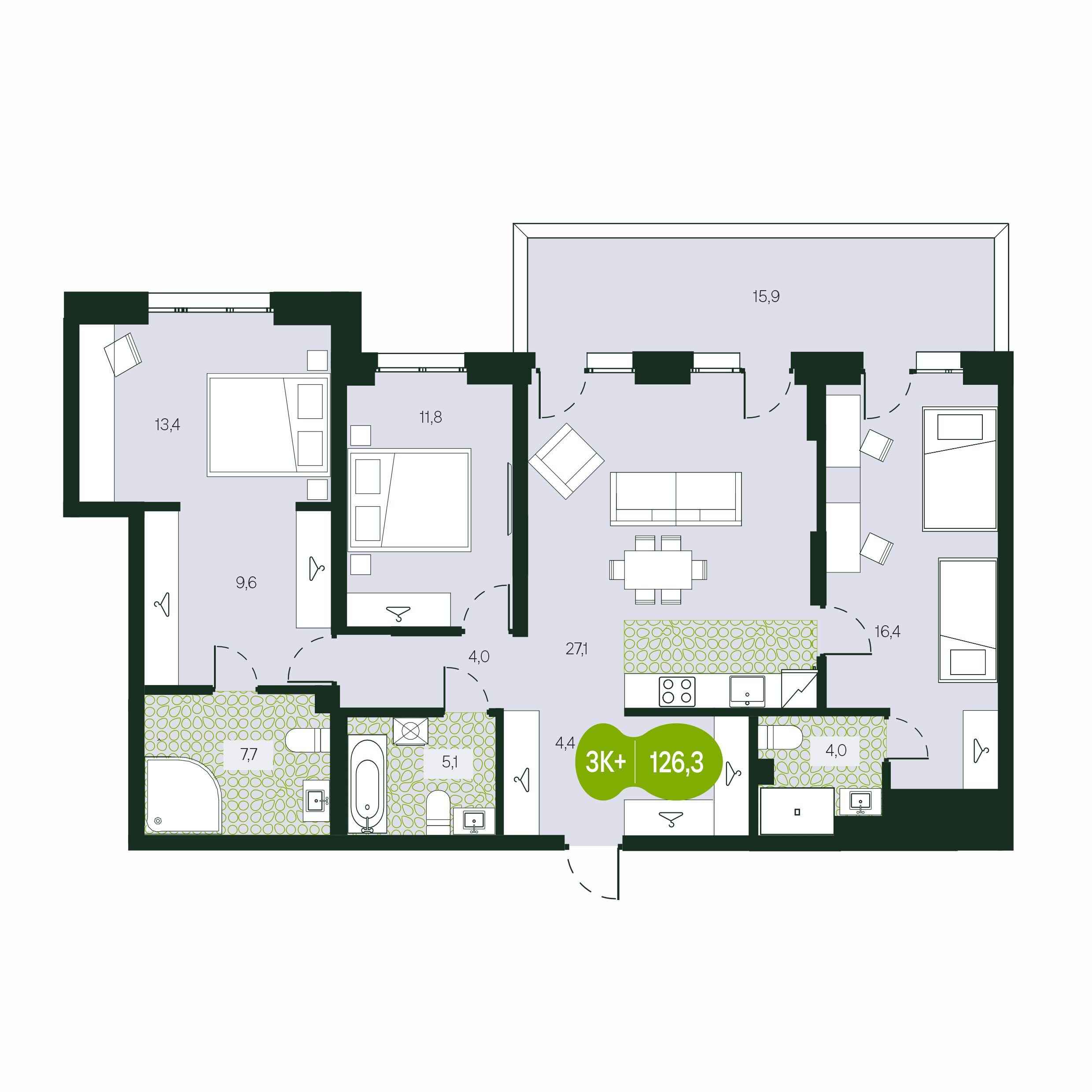 4-комнатная 126 м2 в ЖК Солнечный Город корпус null этаж 1
