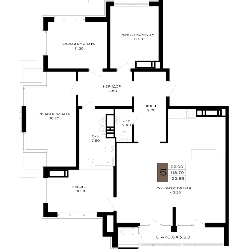 5-комнатная 122 м2 в ЖК Сердце корпус null этаж 18