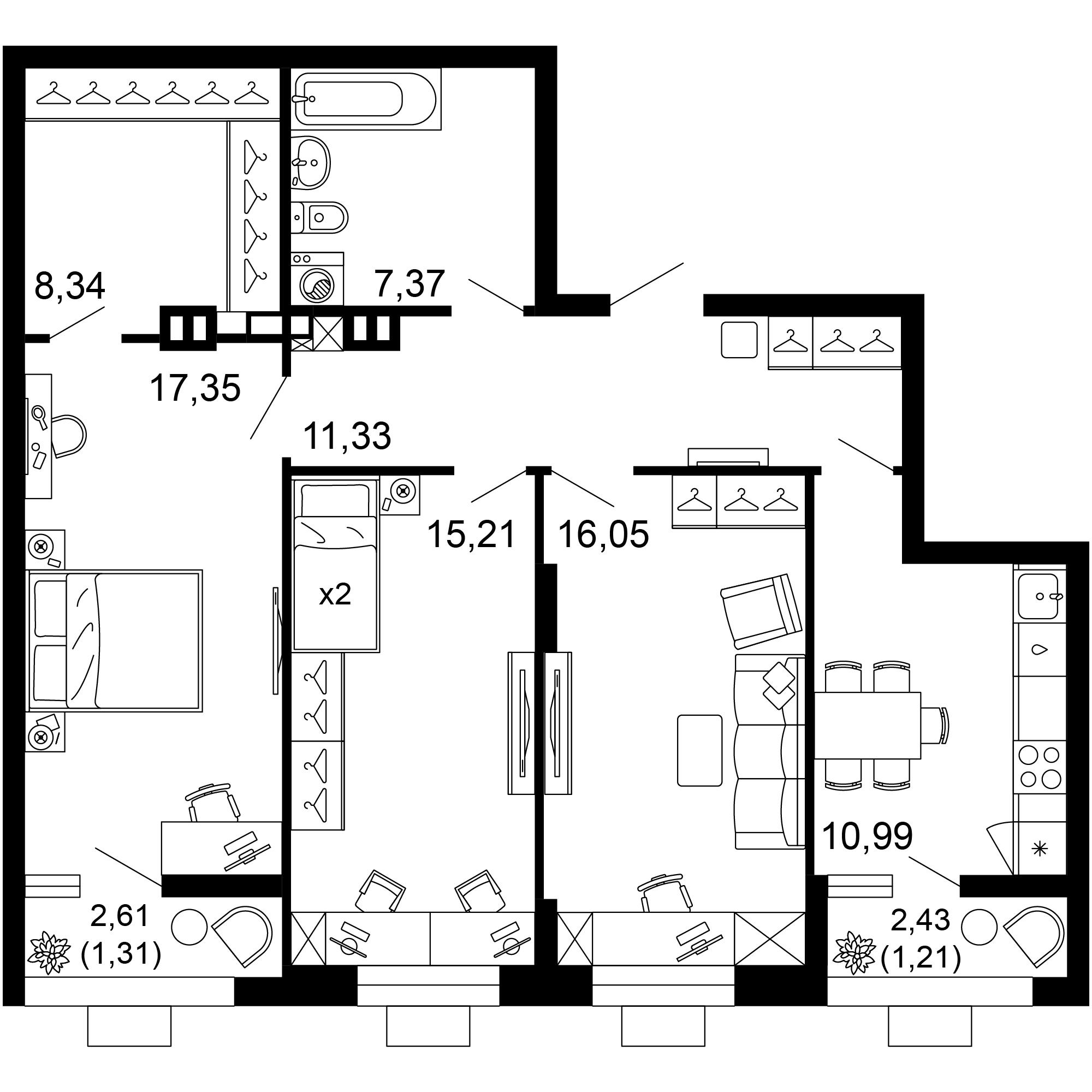 3-комнатная 89 м2 в ЖК 1799 корпус null этаж 1