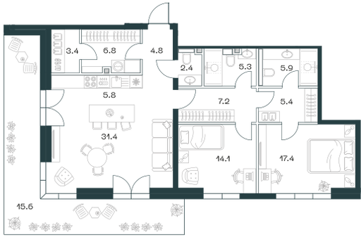 3-комнатная 125 м2 в ЖК Shift корпус null этаж 3