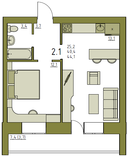 2-комнатная 44.1 м2 в ЖК undefined корпус null этаж 4
