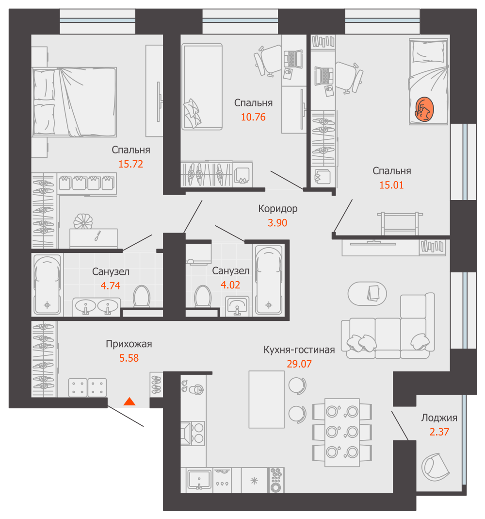 4-комнатная 90 м2 в ЖК ZNAK корпус null этаж 6