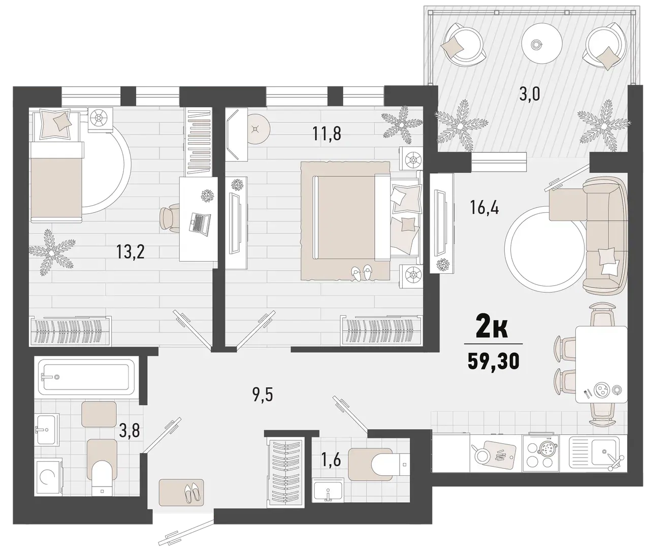 2-комнатная 56 м2 в ЖК Барса корпус null этаж 8