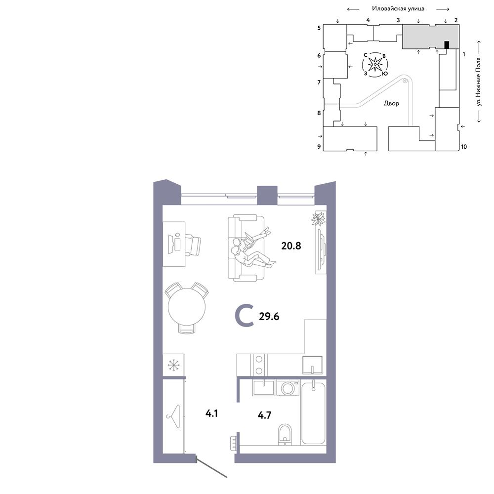 1-комнатная 29 м2 в ЖК Страна.Заречная корпус null этаж 27