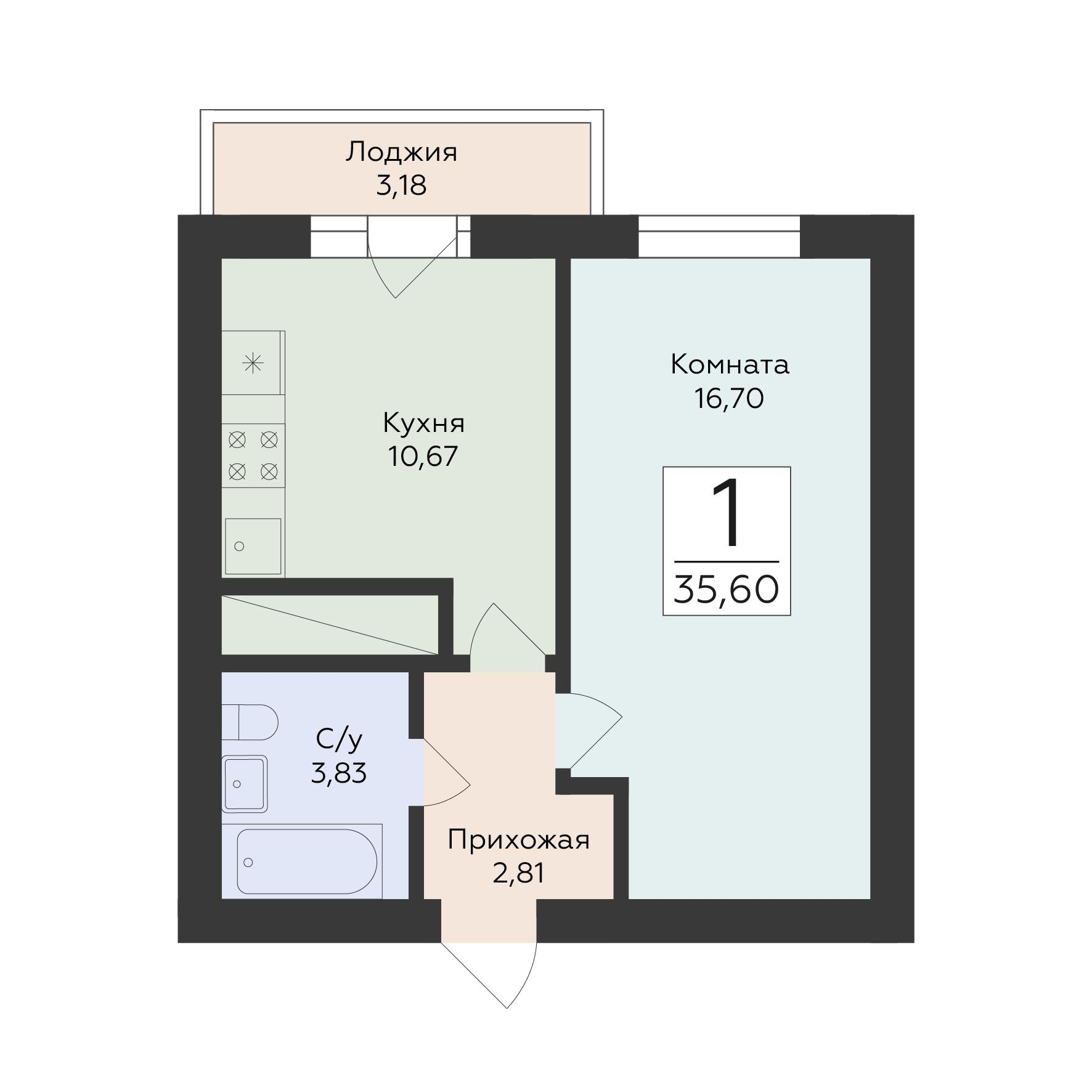 1-комнатная 35 м2 в ЖК Юность корпус null этаж 1