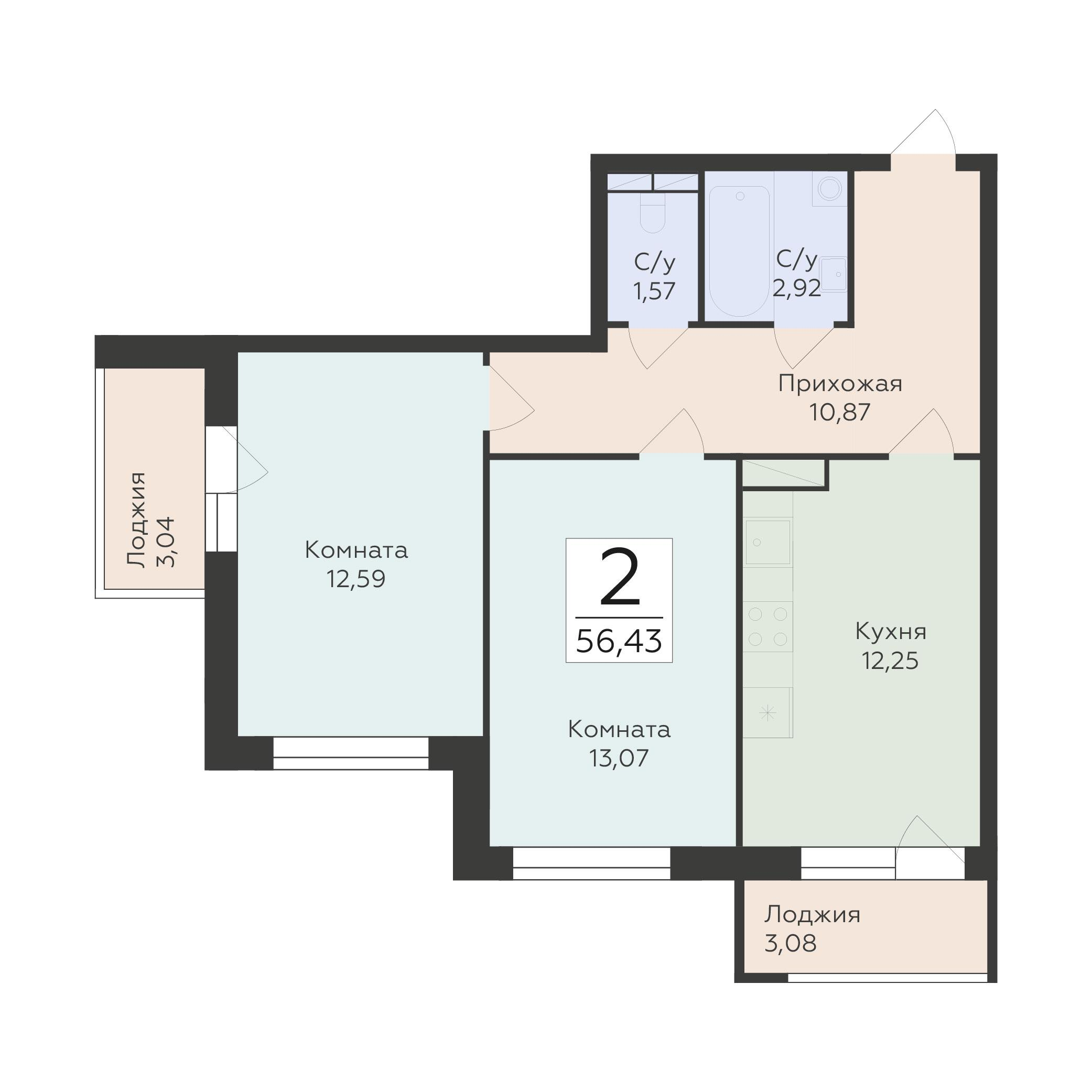 2-комнатная 56 м2 в ЖК Авиапарк корпус null этаж 13