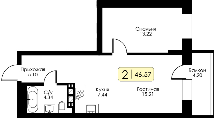 1-комнатная 46 м2 в ЖК Урбан Парк корпус null этаж 11