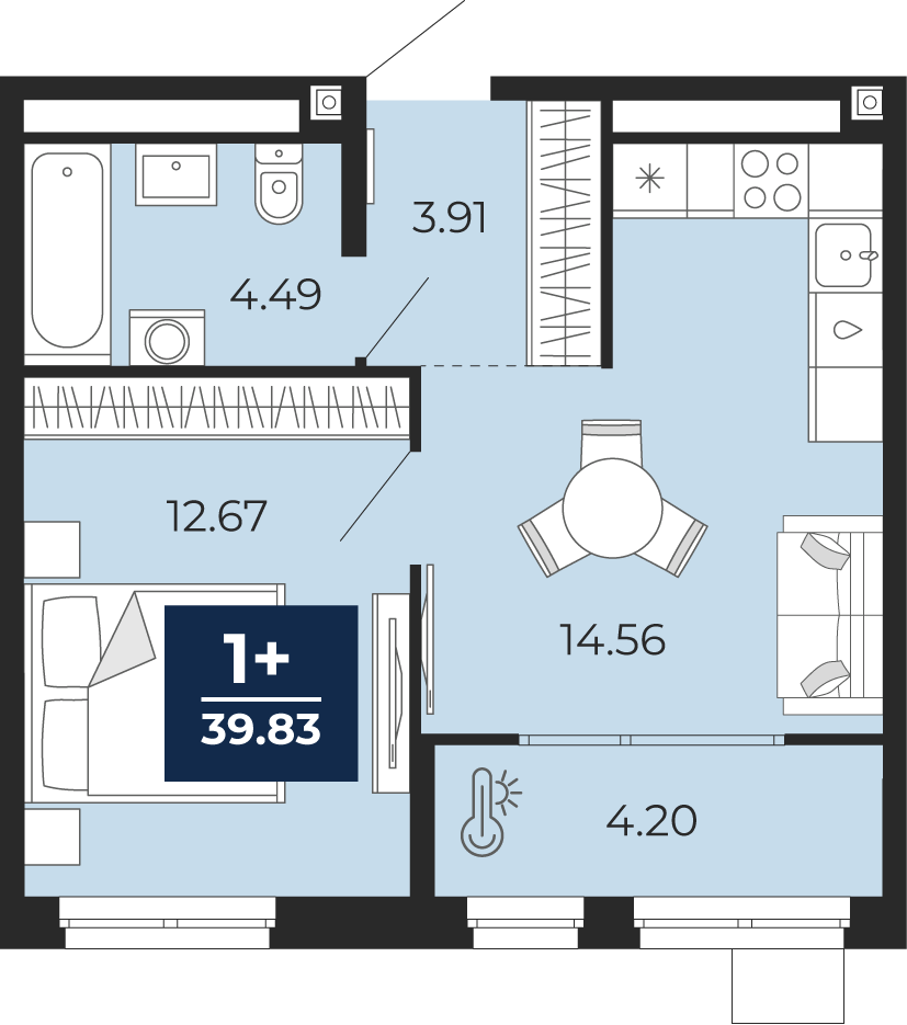 1-комнатная 39 м2 в ЖК Мириады корпус null этаж 6