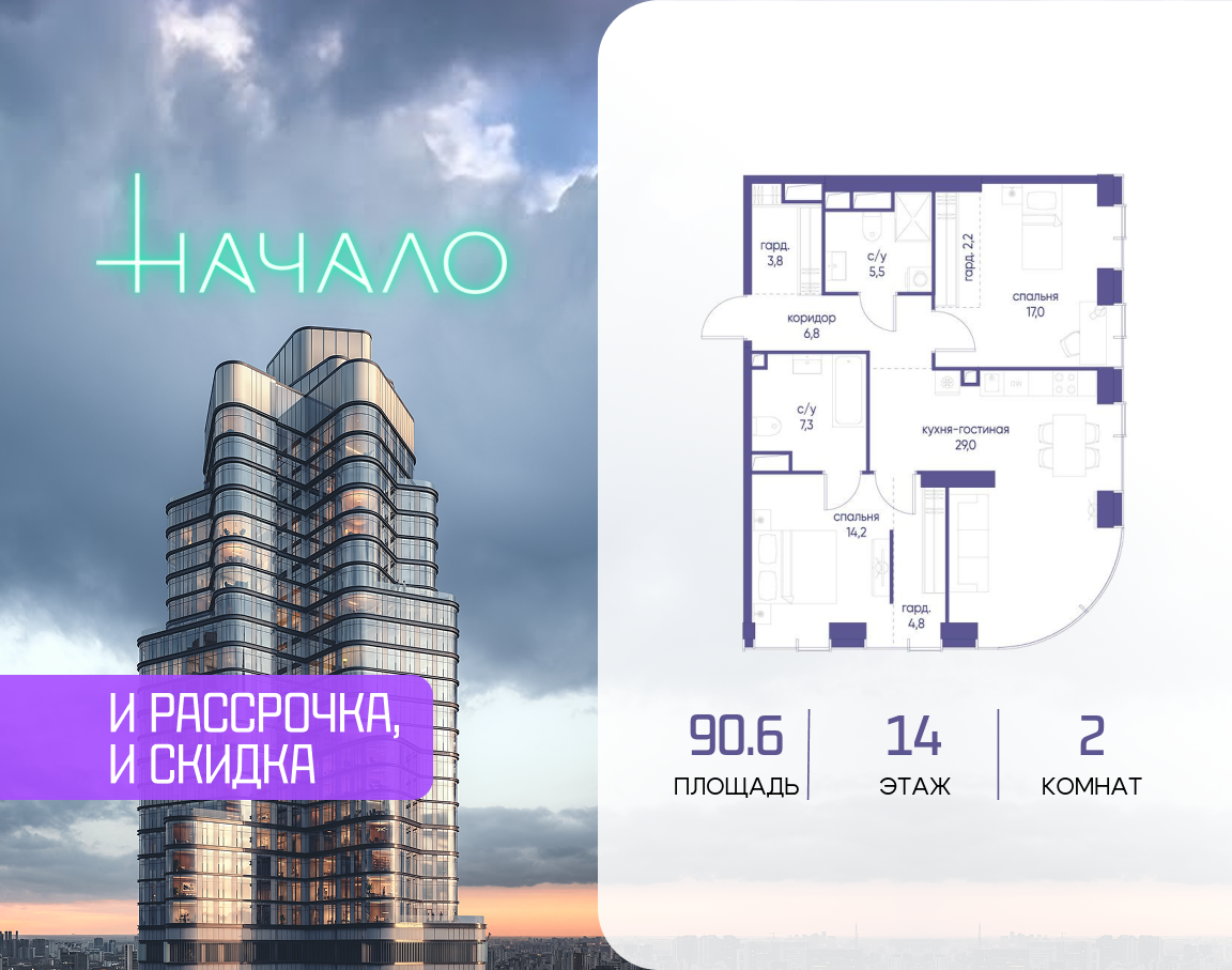 2-комнатная 90 м2 в ЖК Начало корпус null этаж 14