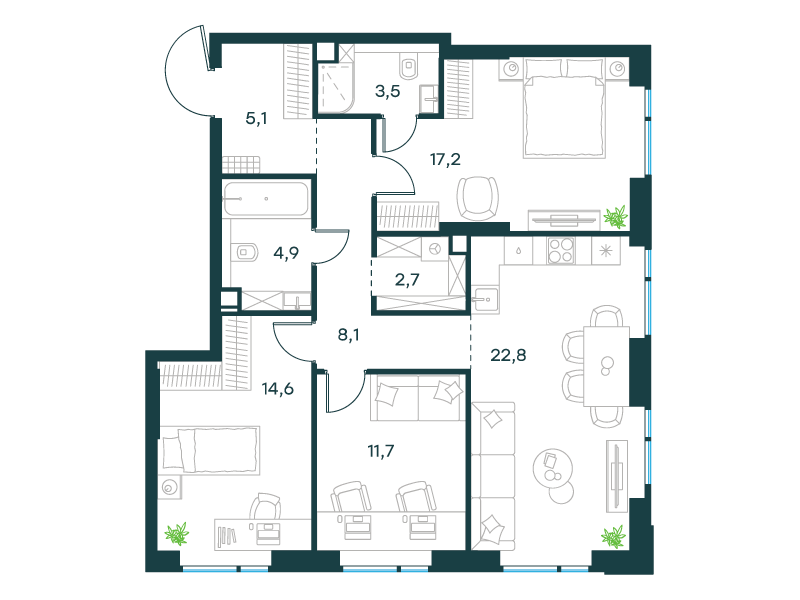 3-комнатная 90 м2 в ЖК Level Войковская корпус null этаж 3