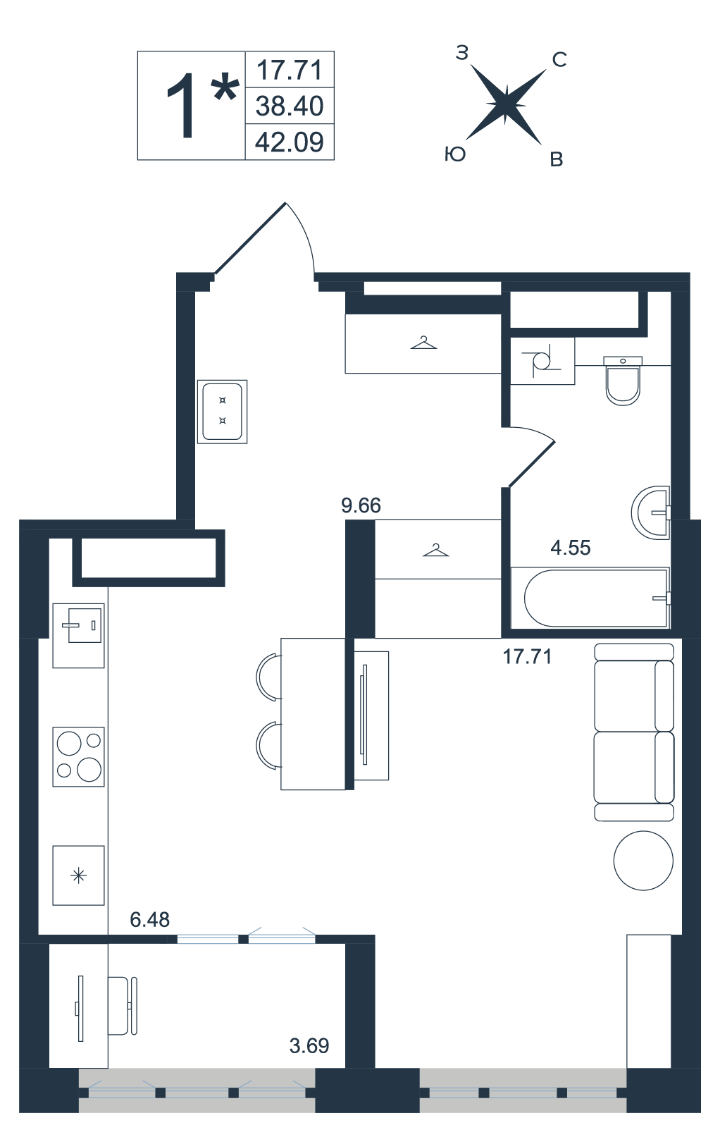 1-комнатная 42 м2 в ЖК Архитектор корпус null этаж 16
