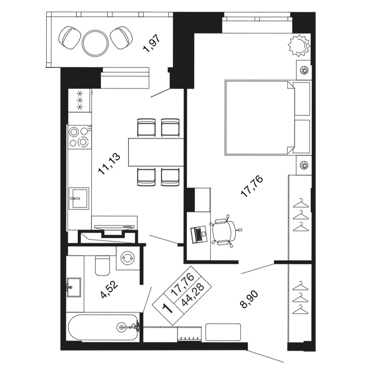 1-комнатная 44 м2 в ЖК Времена года корпус null этаж 6