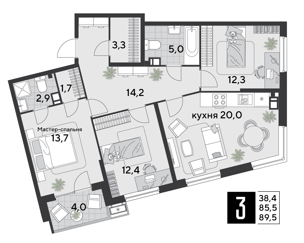 3-комнатная 88 м2 в ЖК Парк Победы 2 корпус null этаж 9