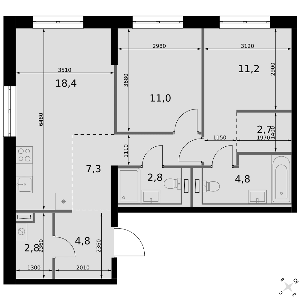 2-комнатная 65 м2 в ЖК Фриссон корпус null этаж 14