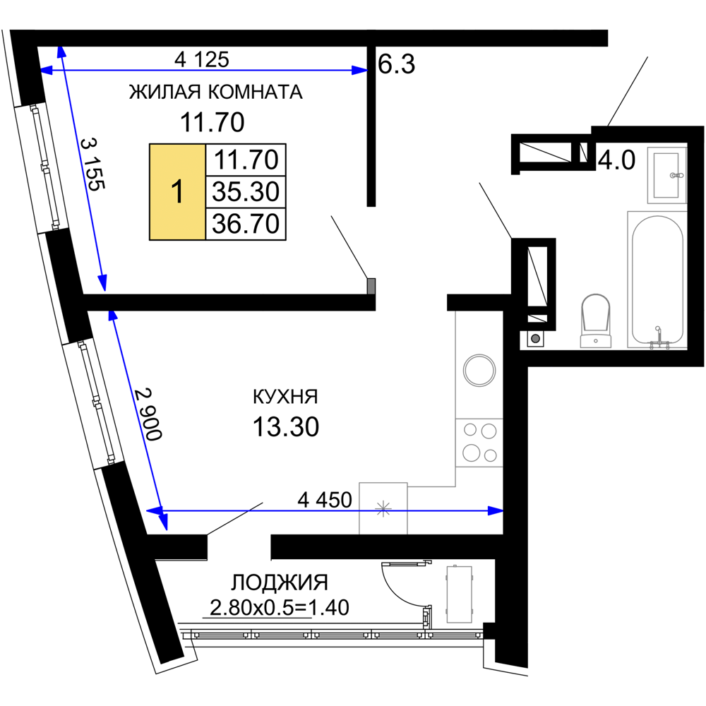 1-комнатная 36 м2 в ЖК Фонтаны корпус null этаж 6