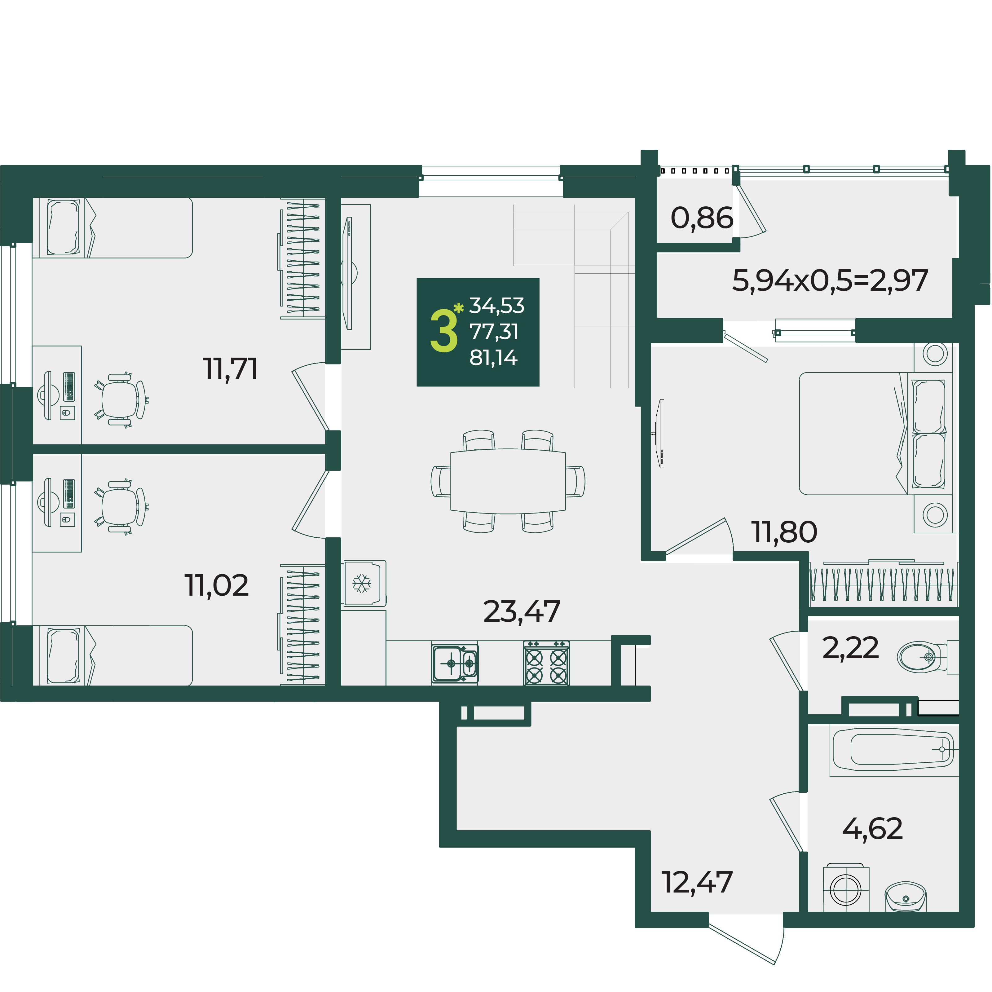 3-комнатная 81 м2 в ЖК Образцово корпус null этаж 10