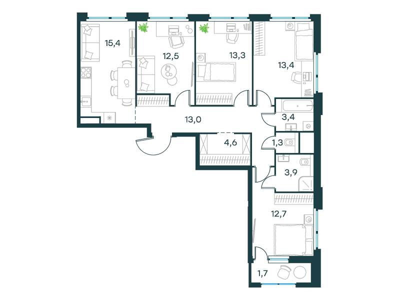 4-комнатная 95 м2 в ЖК Level Лесной корпус null этаж 7