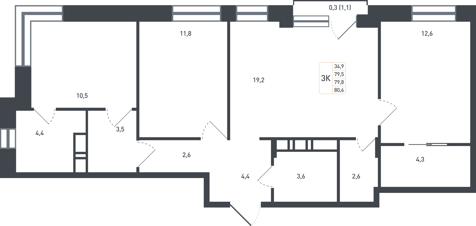 3-комнатная 84 м2 в ЖК Новая Щербинка корпус null этаж 7