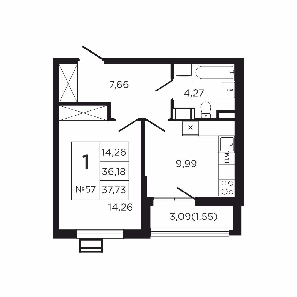 1-комнатная 39 м2 в ЖК Соседи корпус null этаж 6